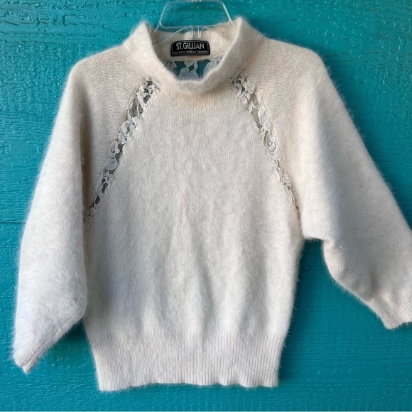 FUZZY ANGORA AND LACE VINTAGE IVORY CREAM SWEATER SIZE LARGE - Picture 1 of 10